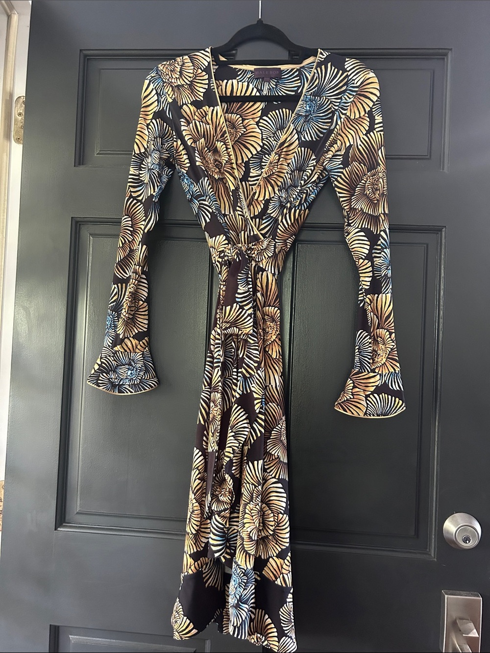 Hale Bob Black Wrap Dress with Gold & Blue Floral Print